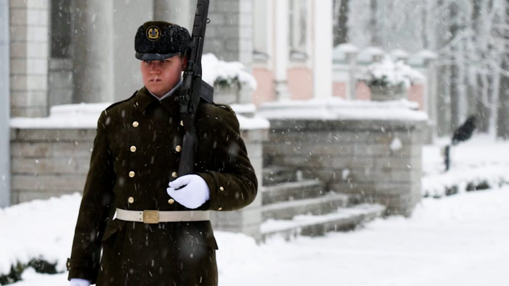 Estonian soldier in ceremonial uniform shouldering M14 rifle during snowfall in Tallinn