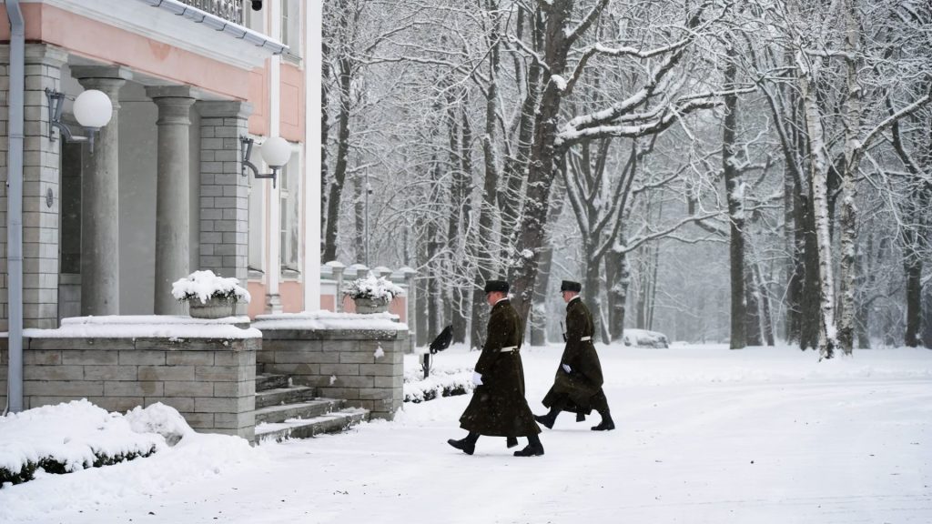 Estonian soldiers marching in the snow
